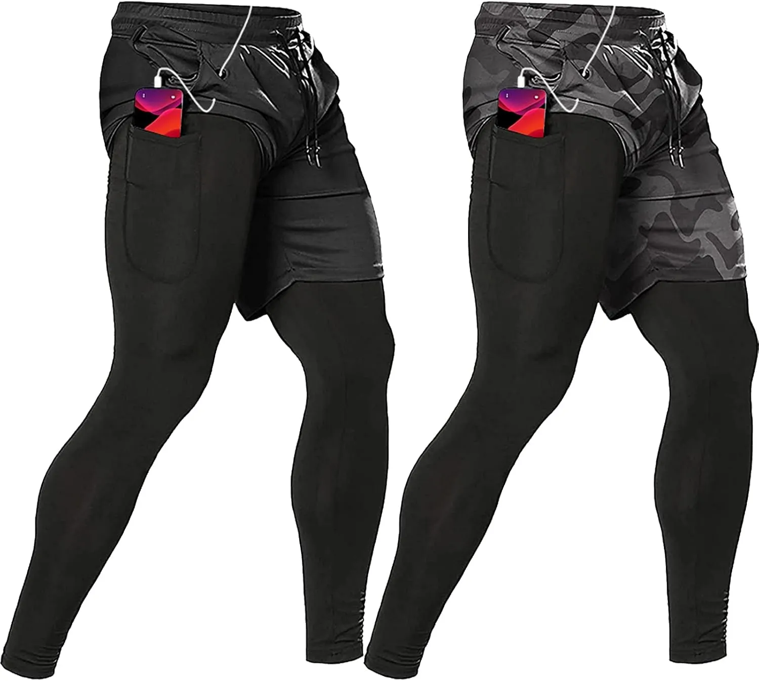 OEBLD Mens 2 in 1 Athletic Running Pants Quick Dry Gym Workout Shorts for Men Compression Pants with Pockets
