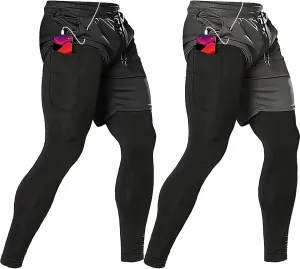 OEBLD Mens 2 in 1 Athletic Running Pants Quick Dry Gym Workout Shorts for Men Compression Pants with Pockets