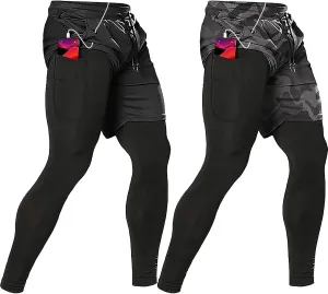 OEBLD Mens 2 in 1 Athletic Running Pants Quick Dry Gym Workout Shorts for Men Compression Pants with Pockets