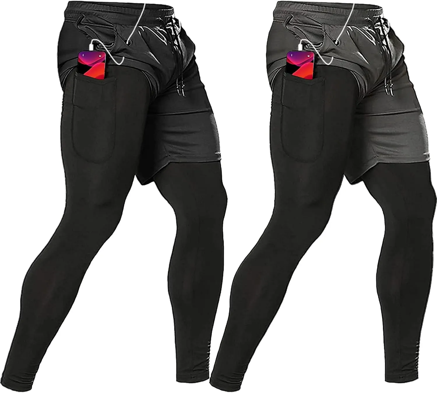 OEBLD Mens 2 in 1 Athletic Running Pants Quick Dry Gym Workout Shorts for Men Compression Pants with Pockets