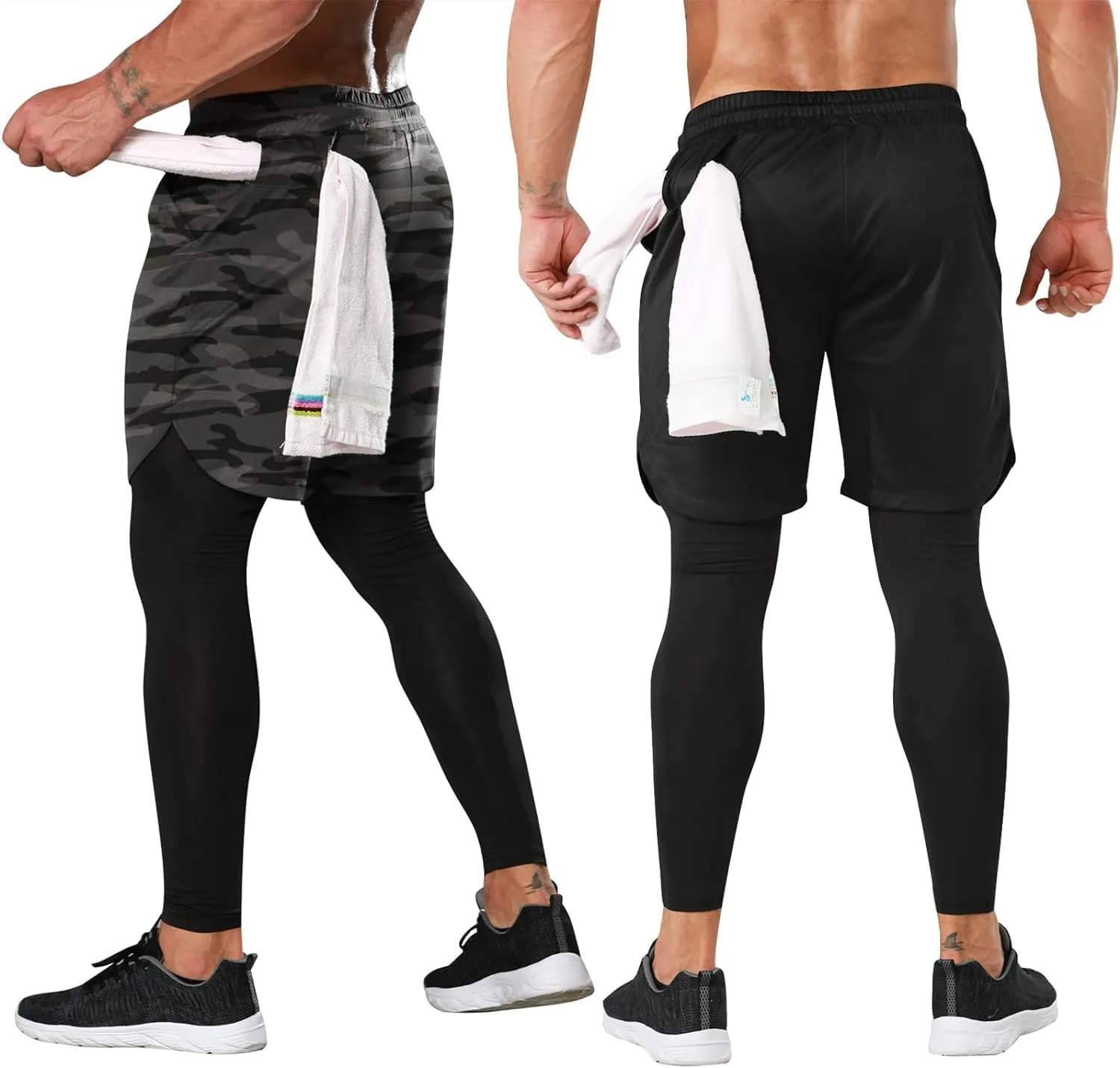 OEBLD Mens 2 in 1 Athletic Running Pants Quick Dry Gym Workout Shorts for Men Compression Pants with Pockets