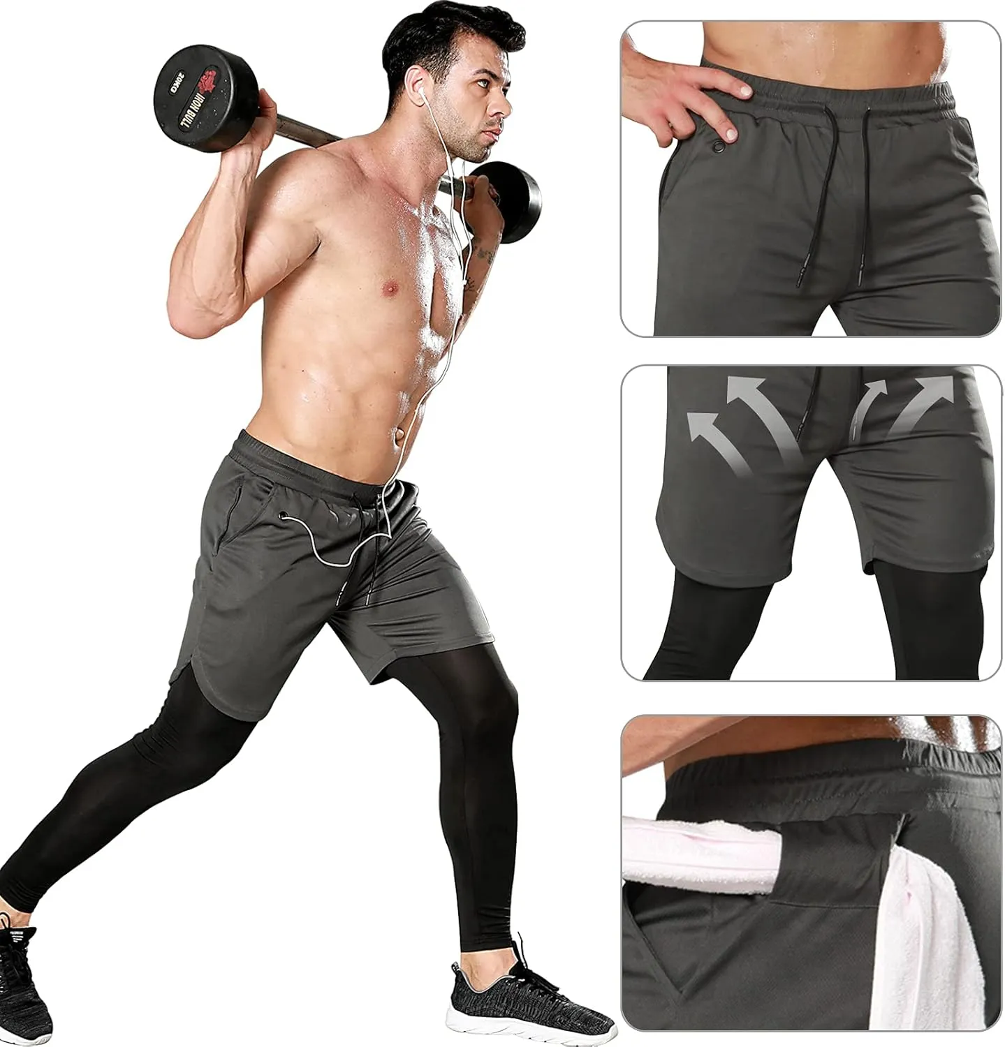 OEBLD Mens 2 in 1 Athletic Running Pants Quick Dry Gym Workout Shorts for Men Compression Pants with Pockets