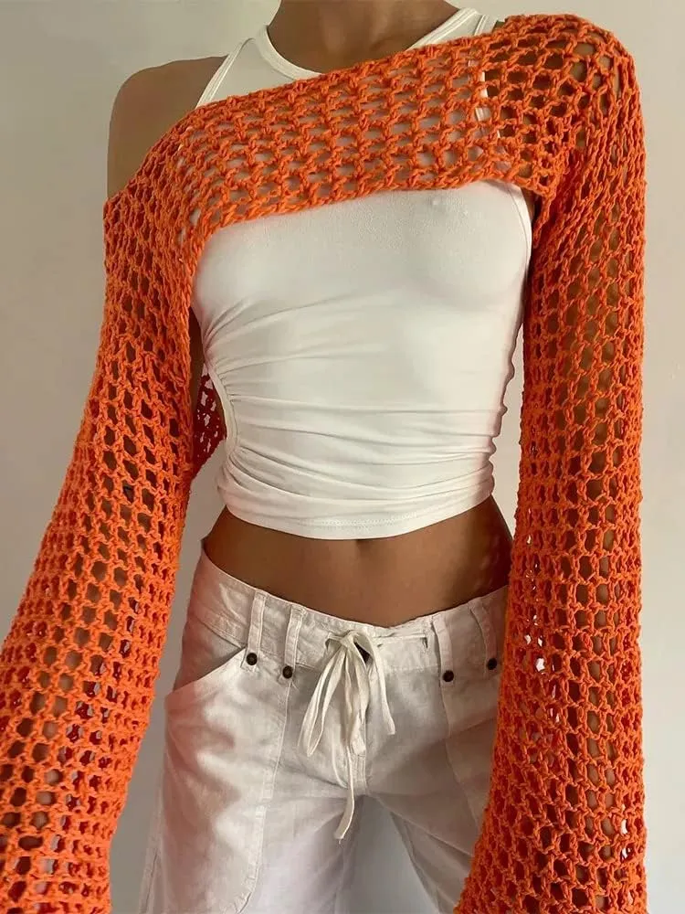 PICPUNMAK Women Grunge Crochet Knit See Through Crop Tops Cover Up Shrug Long Sleeve Crew Neck Casual Cropped Smock Top