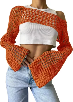 PICPUNMAK Women Grunge Crochet Knit See Through Crop Tops Cover Up Shrug Long Sleeve Crew Neck Casual Cropped Smock Top