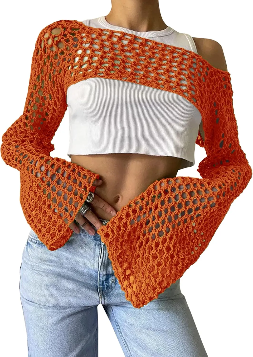 PICPUNMAK Women Grunge Crochet Knit See Through Crop Tops Cover Up Shrug Long Sleeve Crew Neck Casual Cropped Smock Top