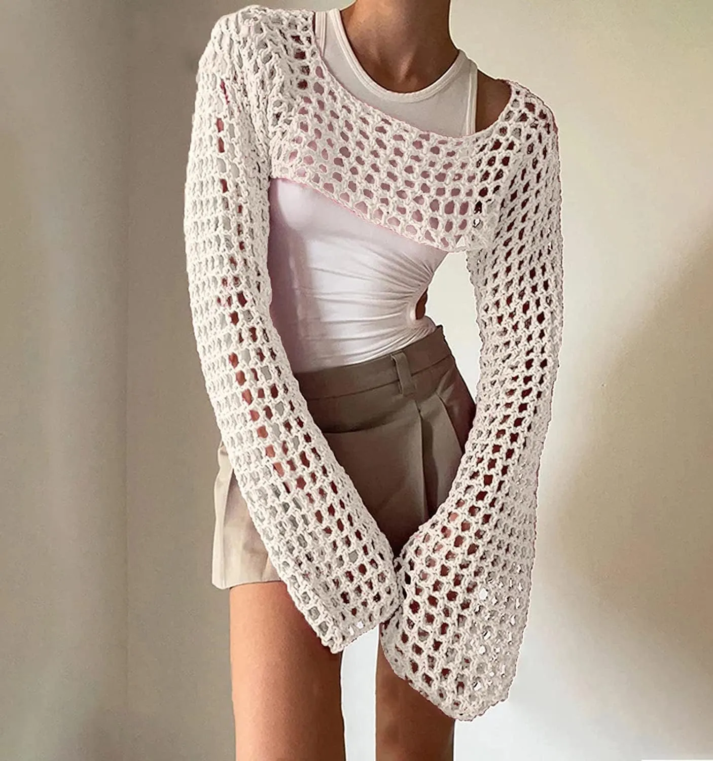 PICPUNMAK Women Grunge Crochet Knit See Through Crop Tops Cover Up Shrug Long Sleeve Crew Neck Casual Cropped Smock Top