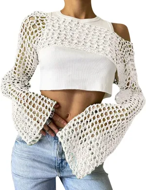 PICPUNMAK Women Grunge Crochet Knit See Through Crop Tops Cover Up Shrug Long Sleeve Crew Neck Casual Cropped Smock Top