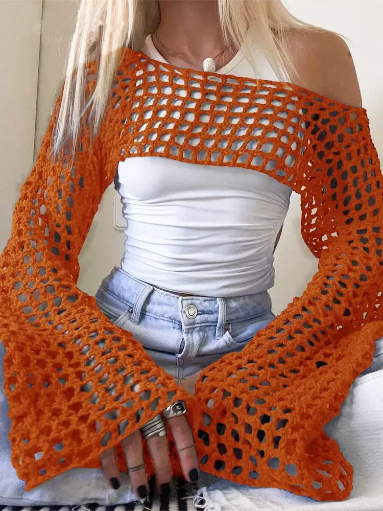 PICPUNMAK Women Grunge Crochet Knit See Through Crop Tops Cover Up Shrug Long Sleeve Crew Neck Casual Cropped Smock Top