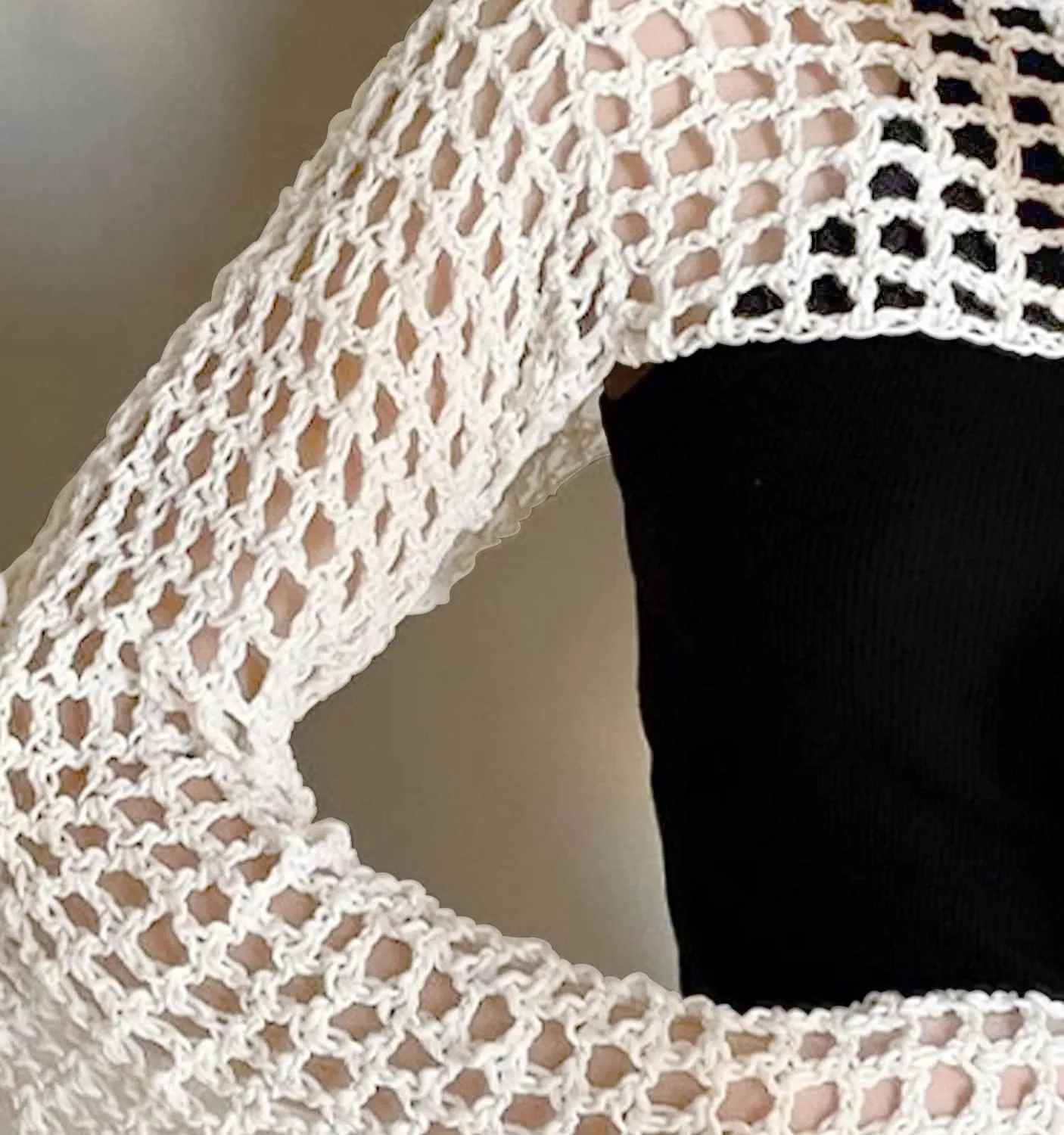 PICPUNMAK Women Grunge Crochet Knit See Through Crop Tops Cover Up Shrug Long Sleeve Crew Neck Casual Cropped Smock Top