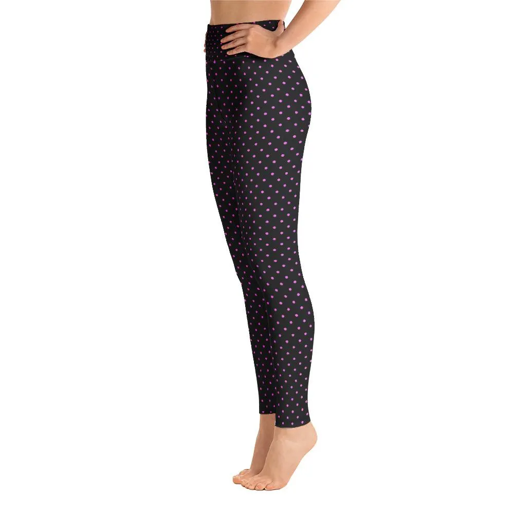 Pink Polka Dots Women's Leggings, Black Long Yoga Workout Pants- Made in USA/EU