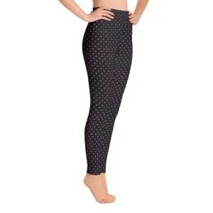 Pink Polka Dots Women's Leggings, Black Long Yoga Workout Pants- Made in USA/EU