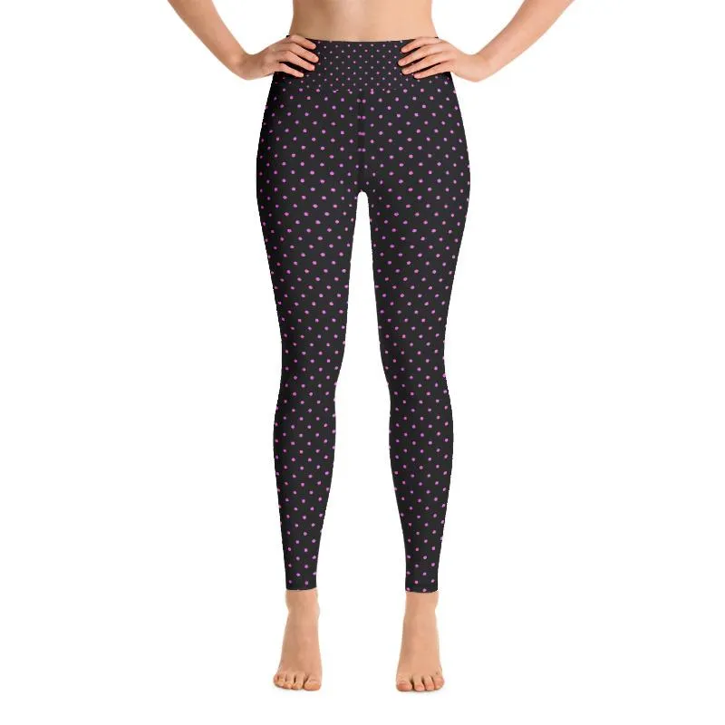 Pink Polka Dots Women's Leggings, Black Long Yoga Workout Pants- Made in USA/EU