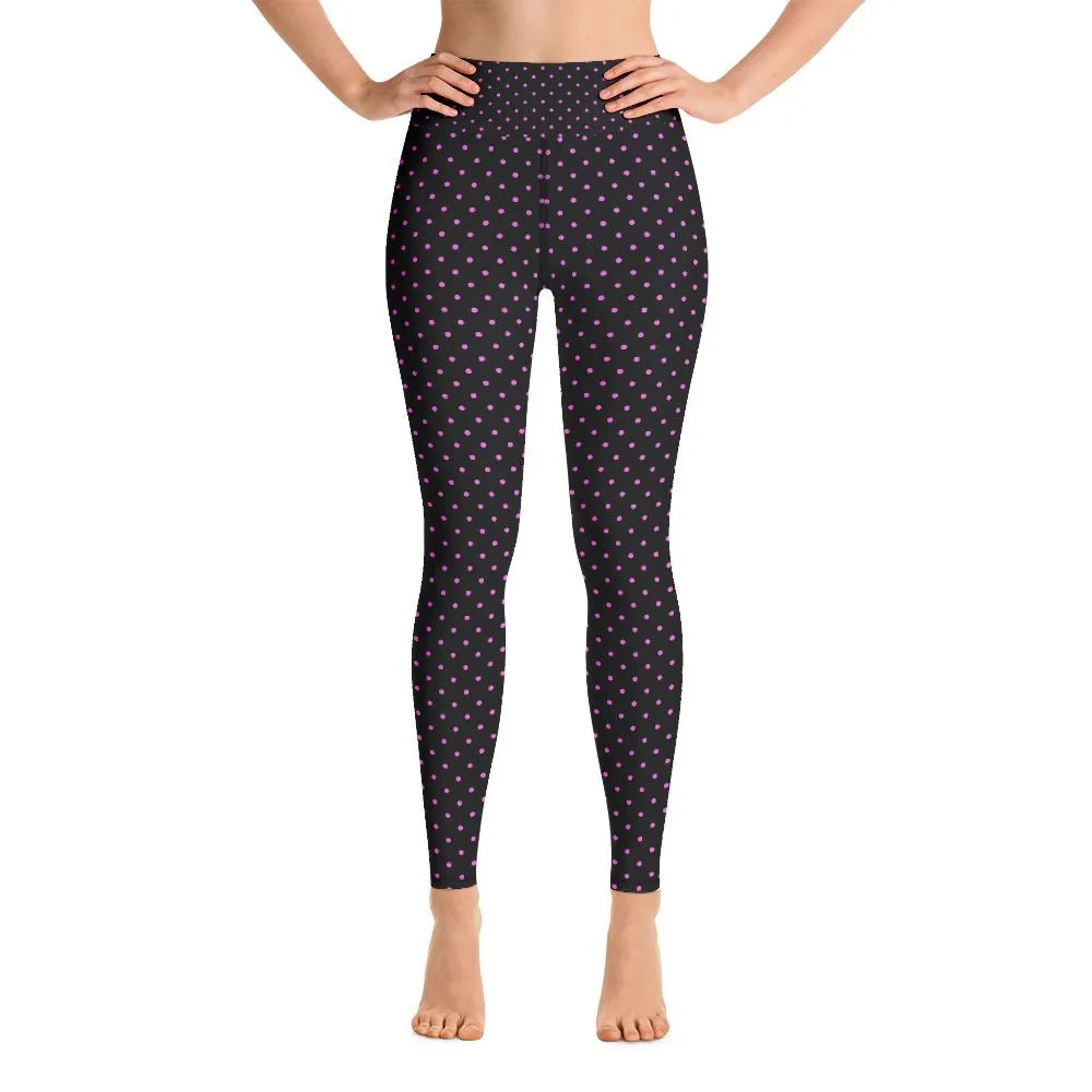 Pink Polka Dots Women's Leggings, Black Long Yoga Workout Pants- Made in USA/EU