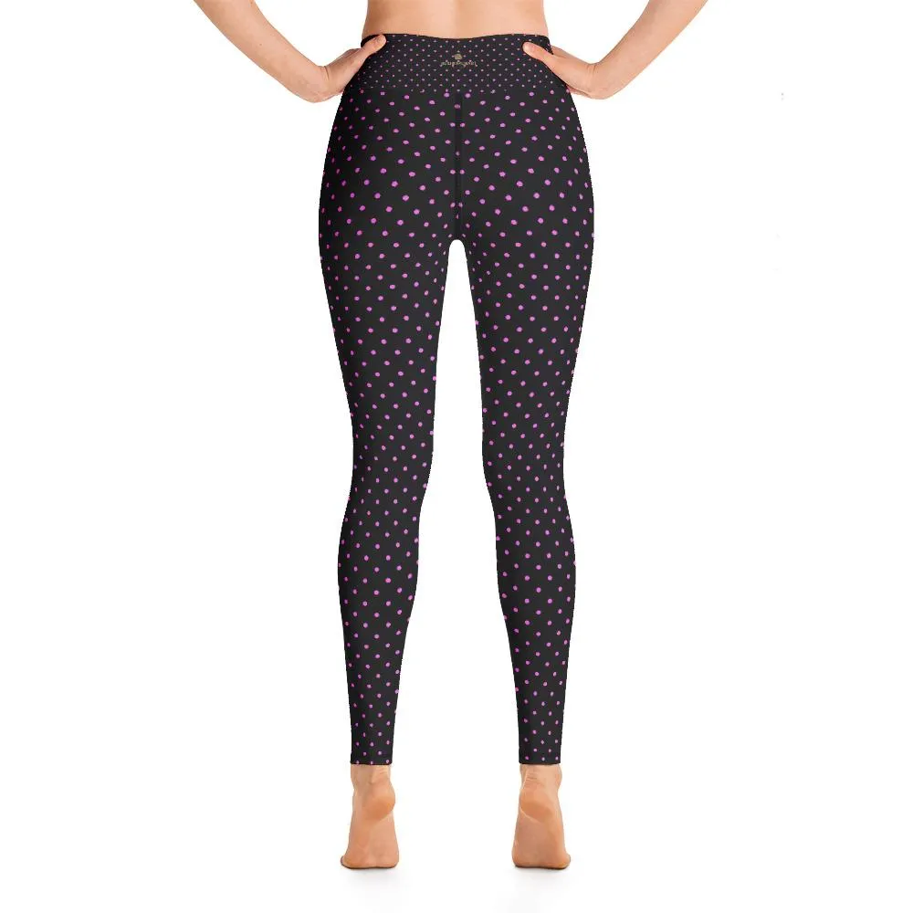 Pink Polka Dots Women's Leggings, Black Long Yoga Workout Pants- Made in USA/EU
