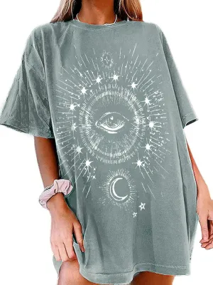 Remidoo Women's Casual Oversized T Shirt Short Sleeve Graphic Tee Letter Sun Moon Shirts