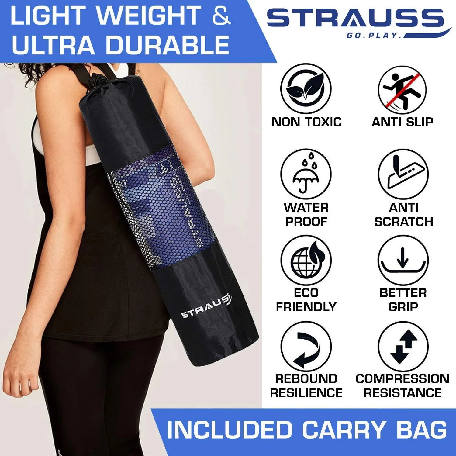 Strauss Meditation Designer Yoga Mat 5 mm (Navy Blue), Yoga Block (Navy Blue) Pair, Anti-Slip Yoga Towel (Blue) and Yoga Belt (Blue)