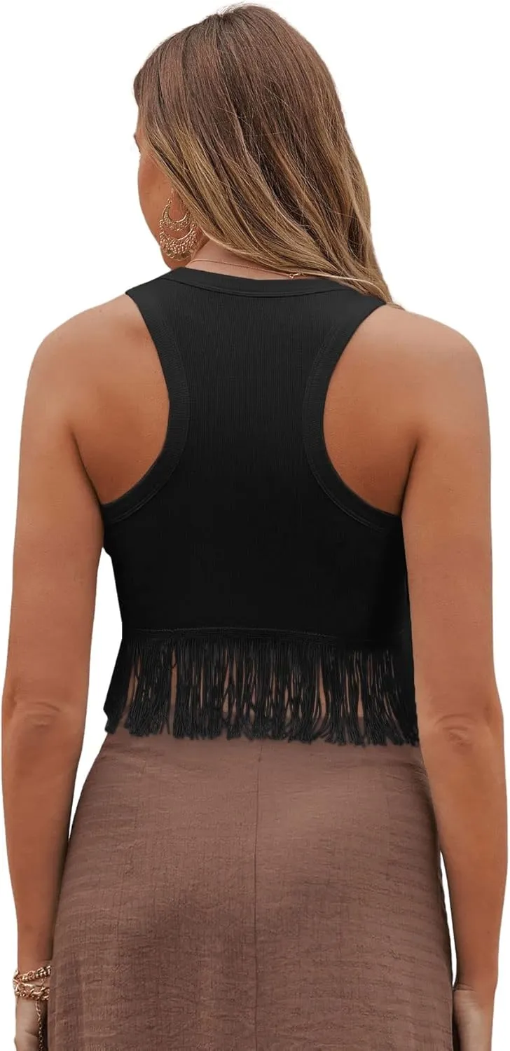 SweatyRocks Women's Casual Sleeveless Stretchy Ribbed Knit Shirt Racerback Crop Fringe Tank top