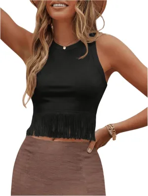 SweatyRocks Women's Casual Sleeveless Stretchy Ribbed Knit Shirt Racerback Crop Fringe Tank top