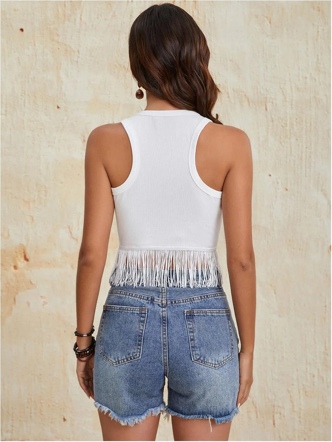 SweatyRocks Women's Casual Sleeveless Stretchy Ribbed Knit Shirt Racerback Crop Fringe Tank top