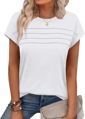 WEESO Womens Summer Tops Trendy 2025 Cap Sleeve T Shirts Crew Neck Pleated Front Clothes Fashion