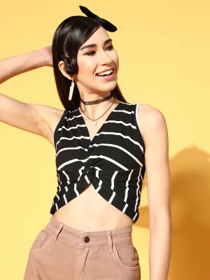 Women Black Stripes Twisted Crop Top