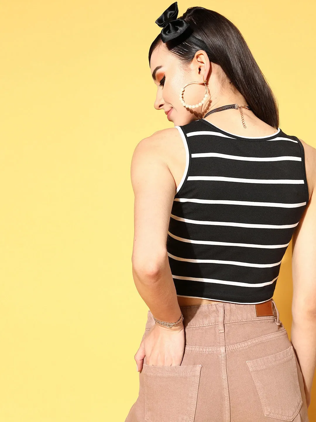 Women Black Stripes Twisted Crop Top