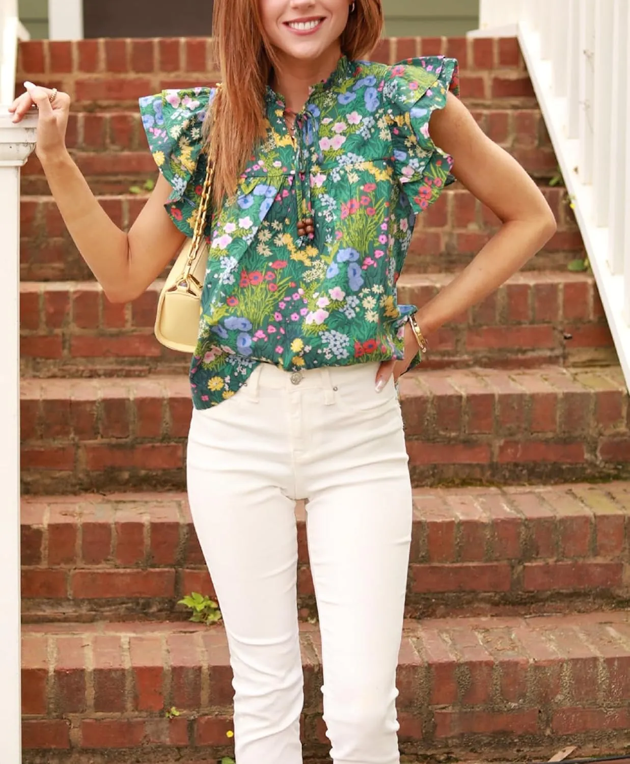 Women Floral Ruffle Short Sleeve Top Flare Shoulder Boho Babydoll T Shirts Casual Flutter Sleeves Summer Blouse