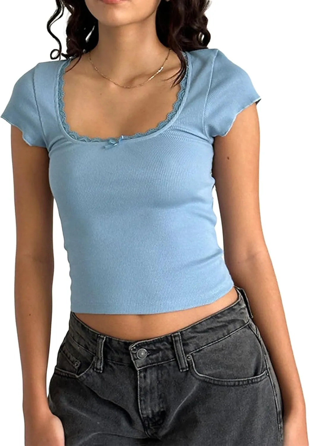 Women Square Neck Shorts Sleeve Lace Trim Crop Tops Slim Fit Ribbed Cropped Shirts Top Y2K Shirt Going Out Tops Tee