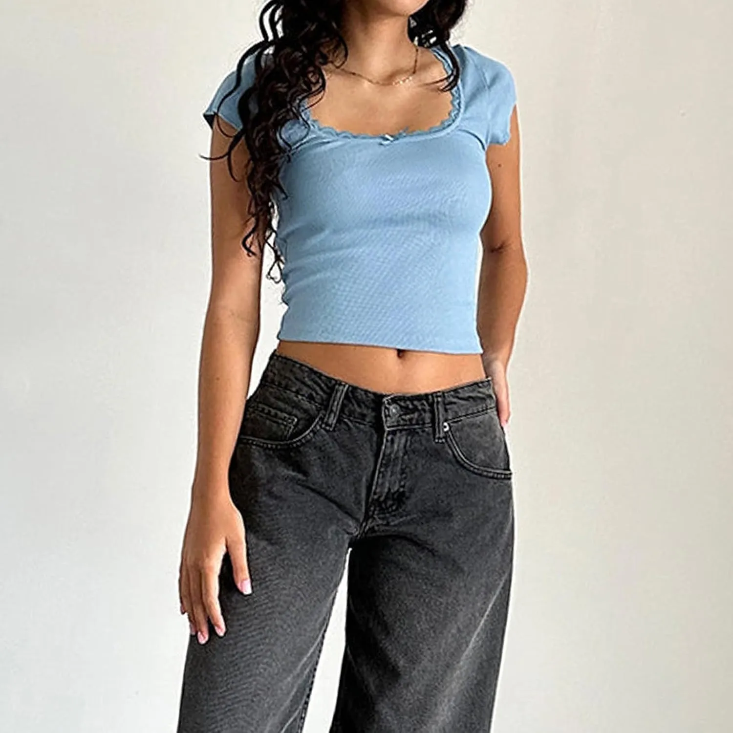 Women Square Neck Shorts Sleeve Lace Trim Crop Tops Slim Fit Ribbed Cropped Shirts Top Y2K Shirt Going Out Tops Tee