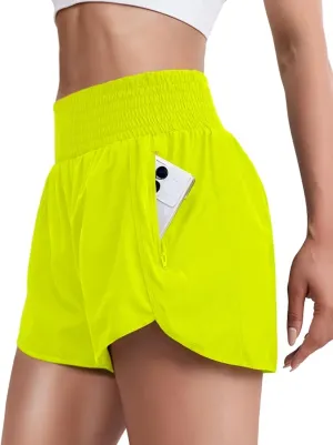 Women Zipper Workout Shorts High Waisted Quick Dry Running Athletic Shorts Liner with Pockets Gym Fitness Side Slit