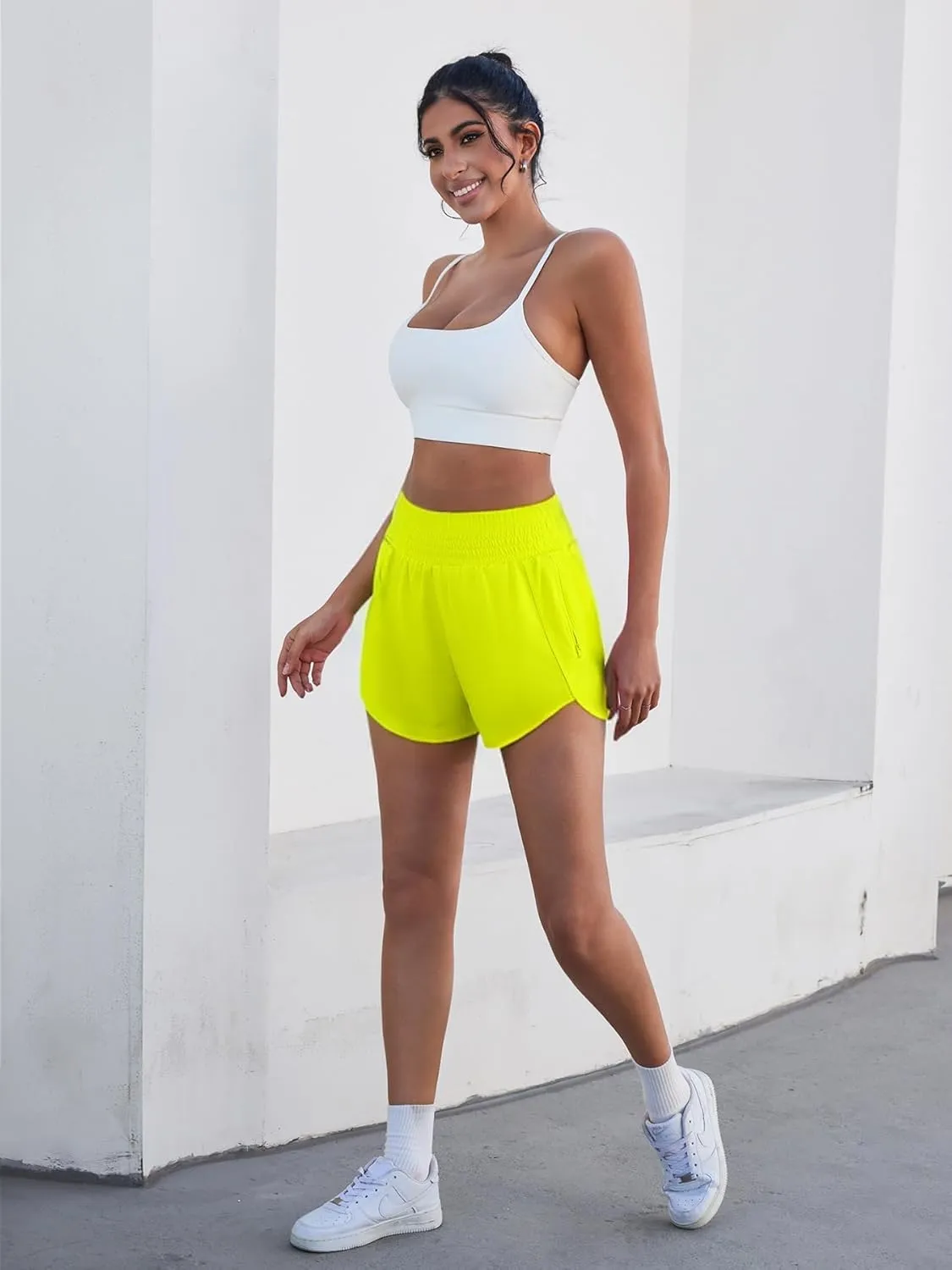 Women Zipper Workout Shorts High Waisted Quick Dry Running Athletic Shorts Liner with Pockets Gym Fitness Side Slit