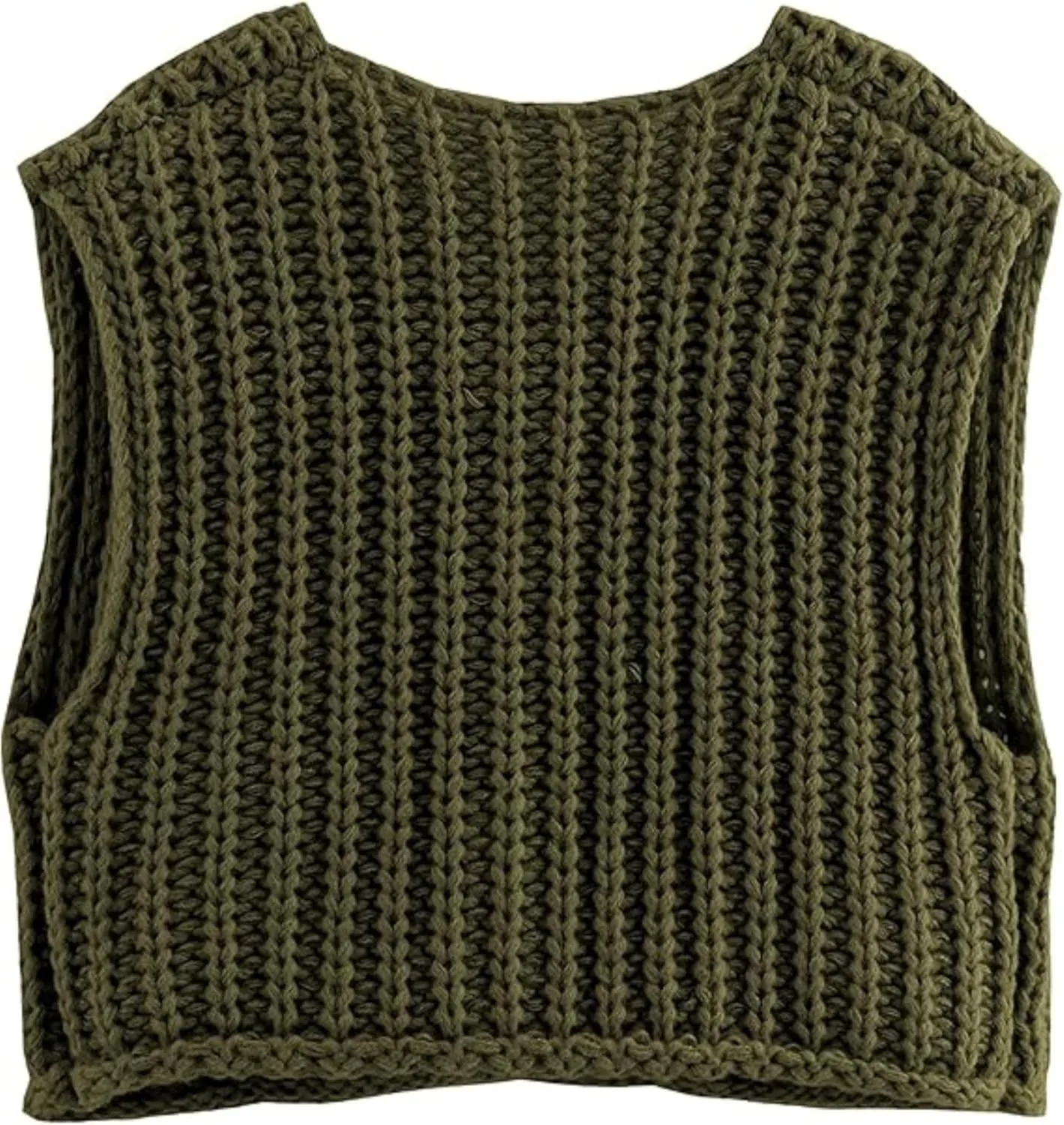 Women's Chunky Knit Vest Button Down Casual Sleeveless Cropped Crochet Sweater Cardigan with Pockets