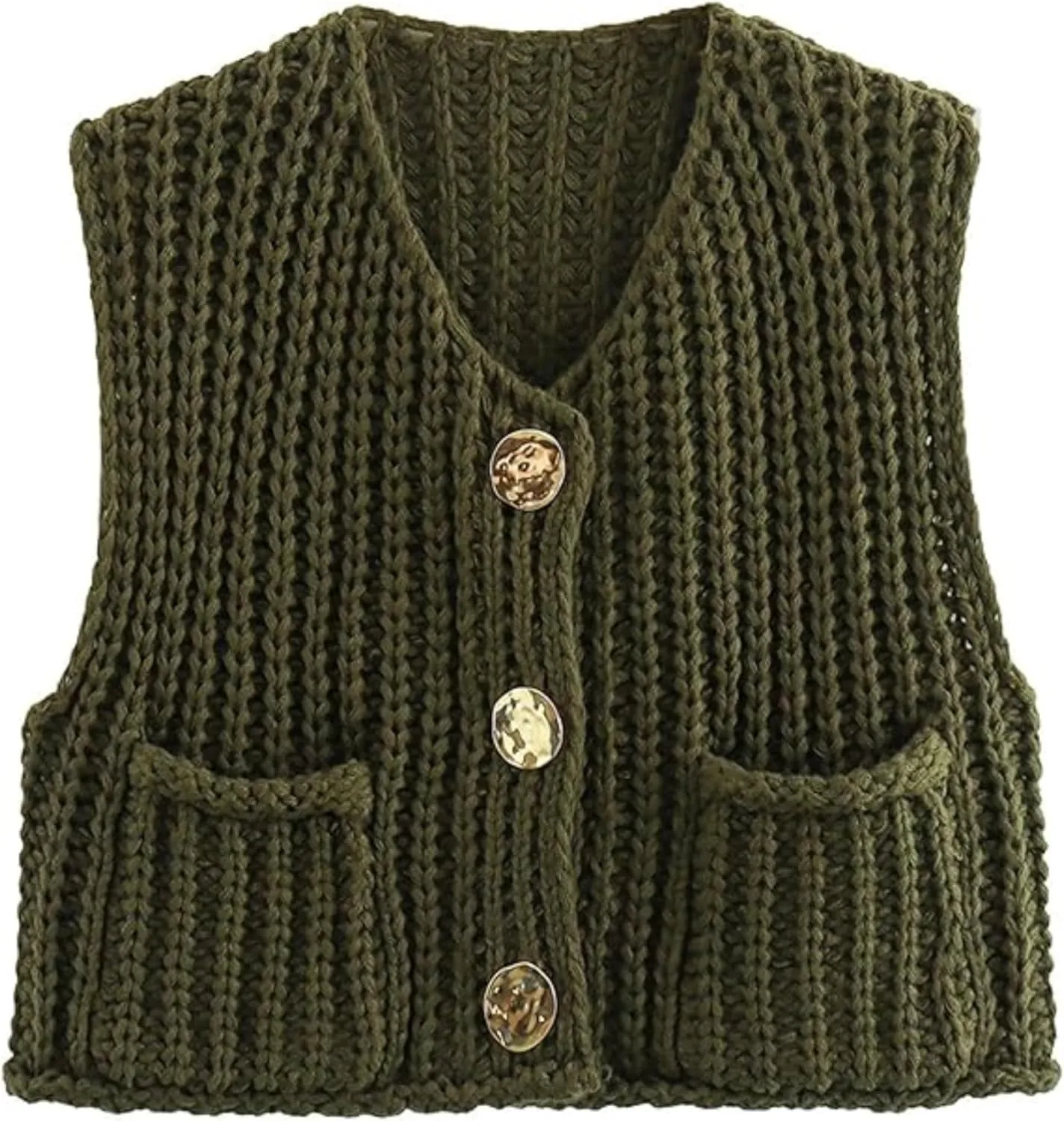 Women's Chunky Knit Vest Button Down Casual Sleeveless Cropped Crochet Sweater Cardigan with Pockets