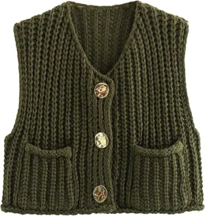 Women's Chunky Knit Vest Button Down Casual Sleeveless Cropped Crochet Sweater Cardigan with Pockets
