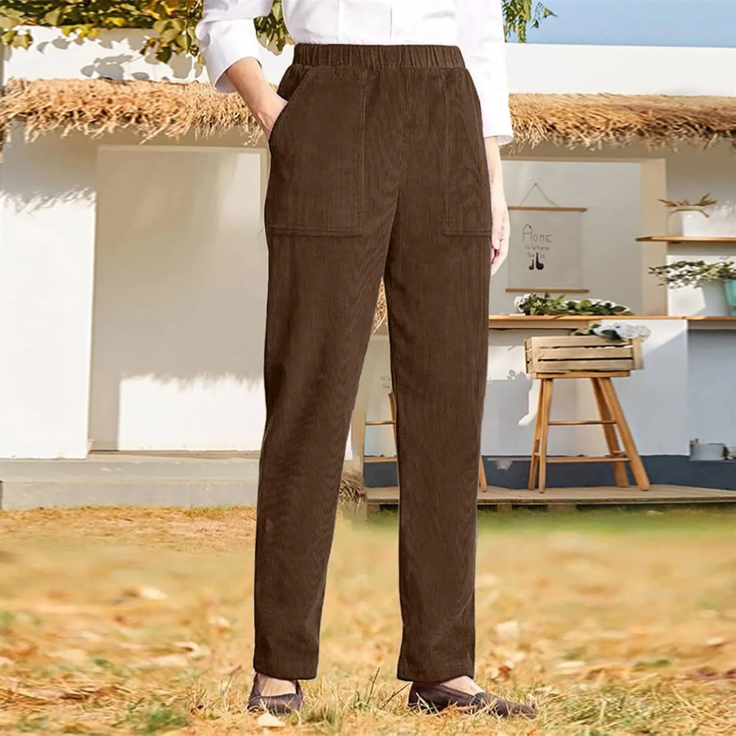 Women's Elastic Waist Winter Casual Pants with Pockets Fashion Thermal Corduroy Trousers Solid Colour Straight Pant