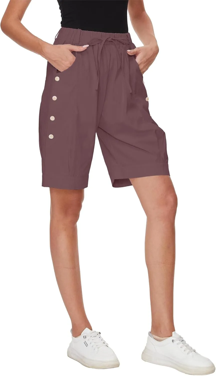 Women's High Waist Bermuda Shorts Loose Drawstring Capri Pants with Pockets Wide Leg Summer Shorts