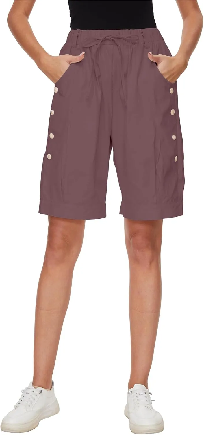 Women's High Waist Bermuda Shorts Loose Drawstring Capri Pants with Pockets Wide Leg Summer Shorts