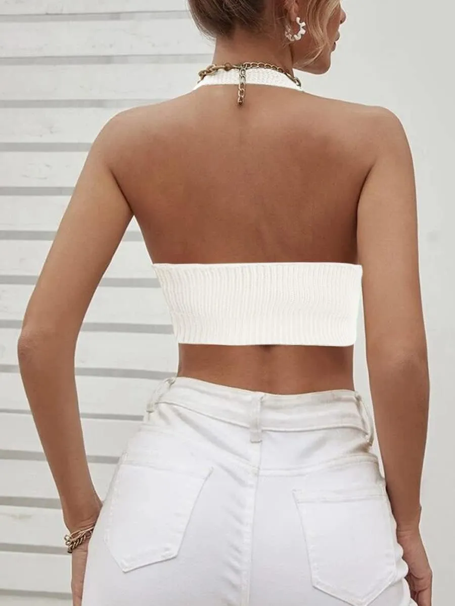 Women's Sexy Deep V Neck Crop Tops Halter Knit Ribbed Bow-Knot Front Backless Cleavage Cropped Tank Top
