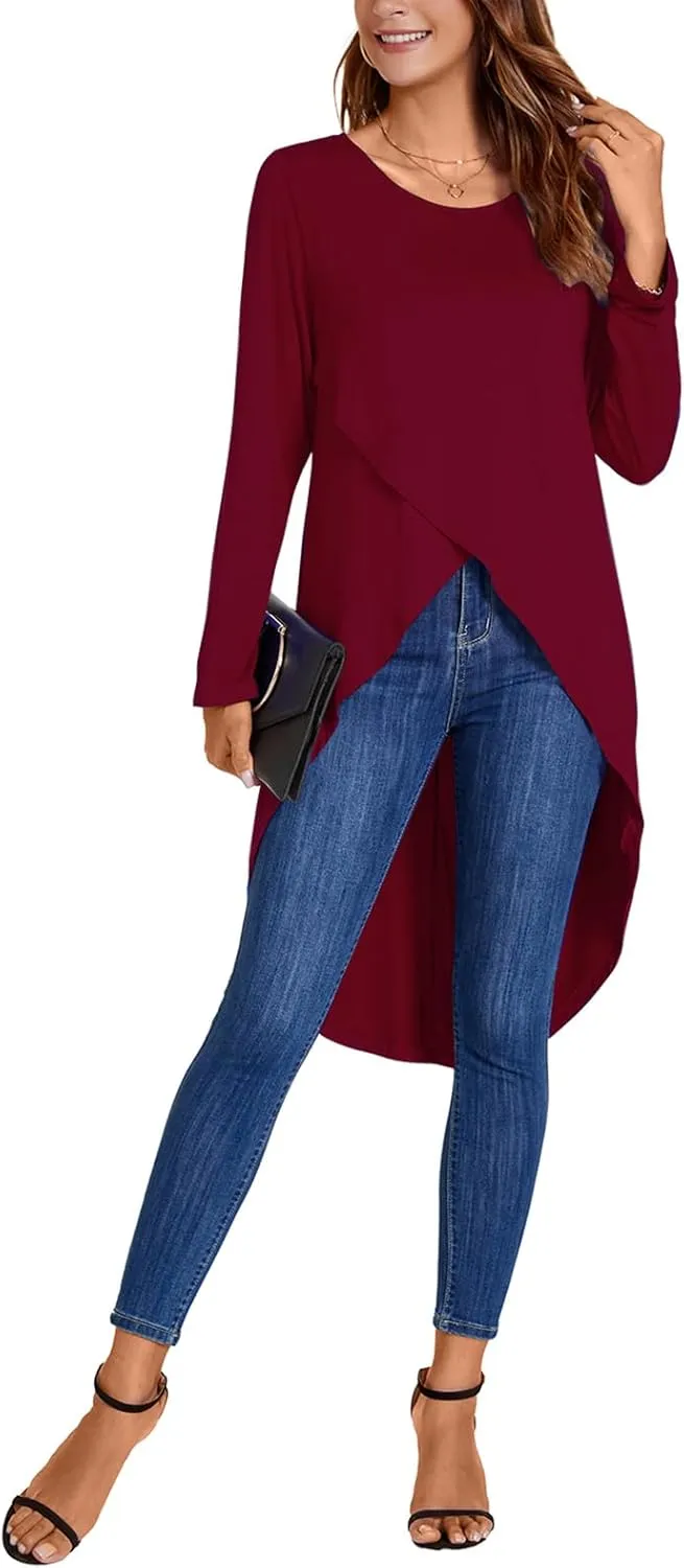 Women's Tunic Tops Long Sleeve Wrap Front Split Casual Crewneck Asymmetrical High Low Tops Blouse