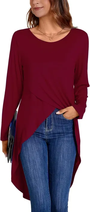 Women's Tunic Tops Long Sleeve Wrap Front Split Casual Crewneck Asymmetrical High Low Tops Blouse