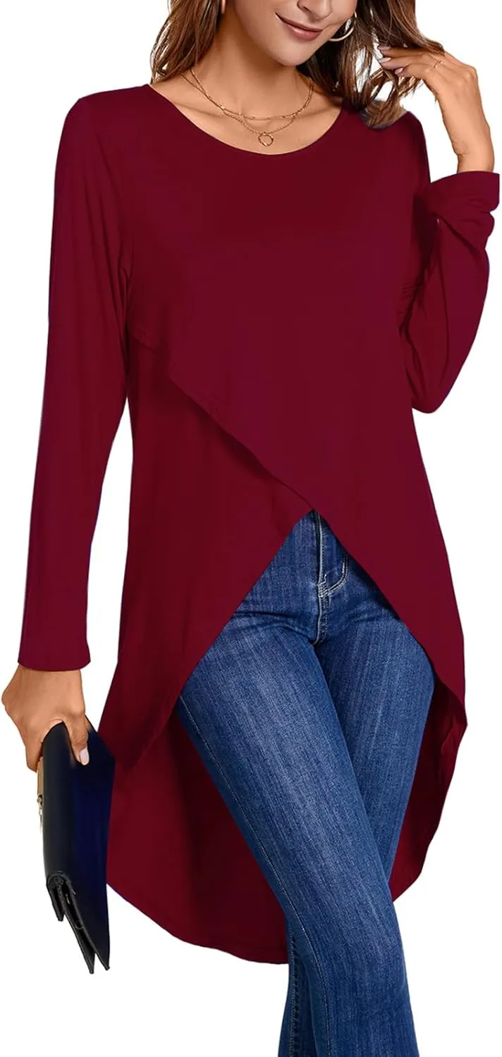 Women's Tunic Tops Long Sleeve Wrap Front Split Casual Crewneck Asymmetrical High Low Tops Blouse