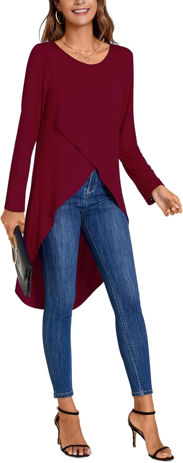 Women's Tunic Tops Long Sleeve Wrap Front Split Casual Crewneck Asymmetrical High Low Tops Blouse