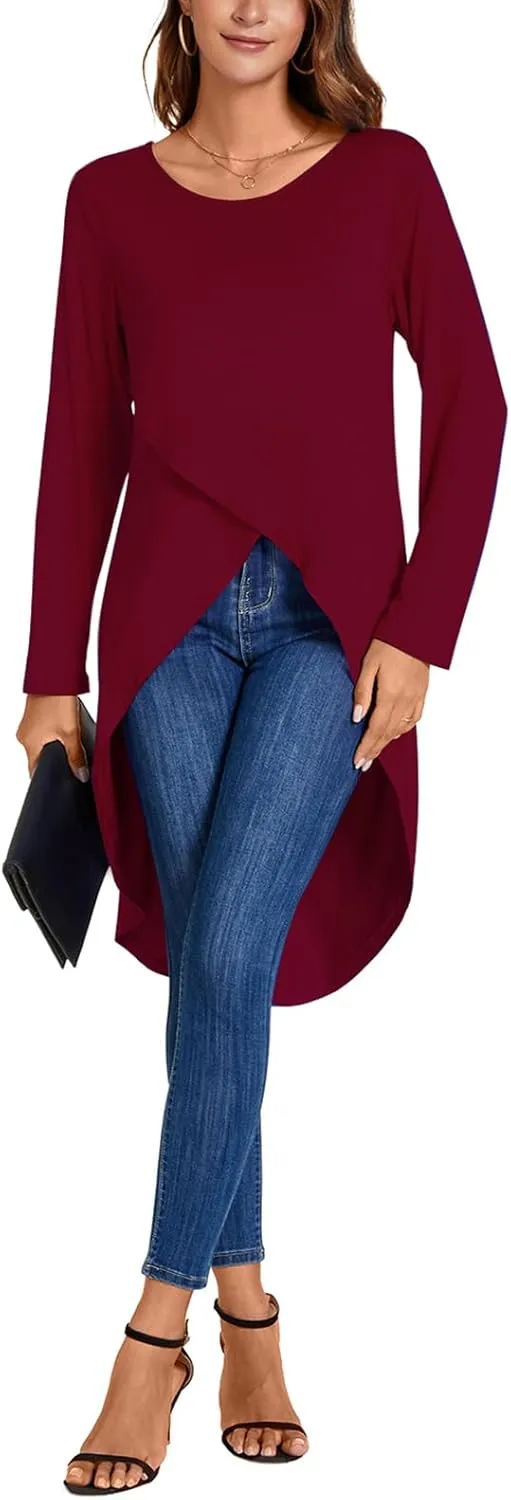 Women's Tunic Tops Long Sleeve Wrap Front Split Casual Crewneck Asymmetrical High Low Tops Blouse