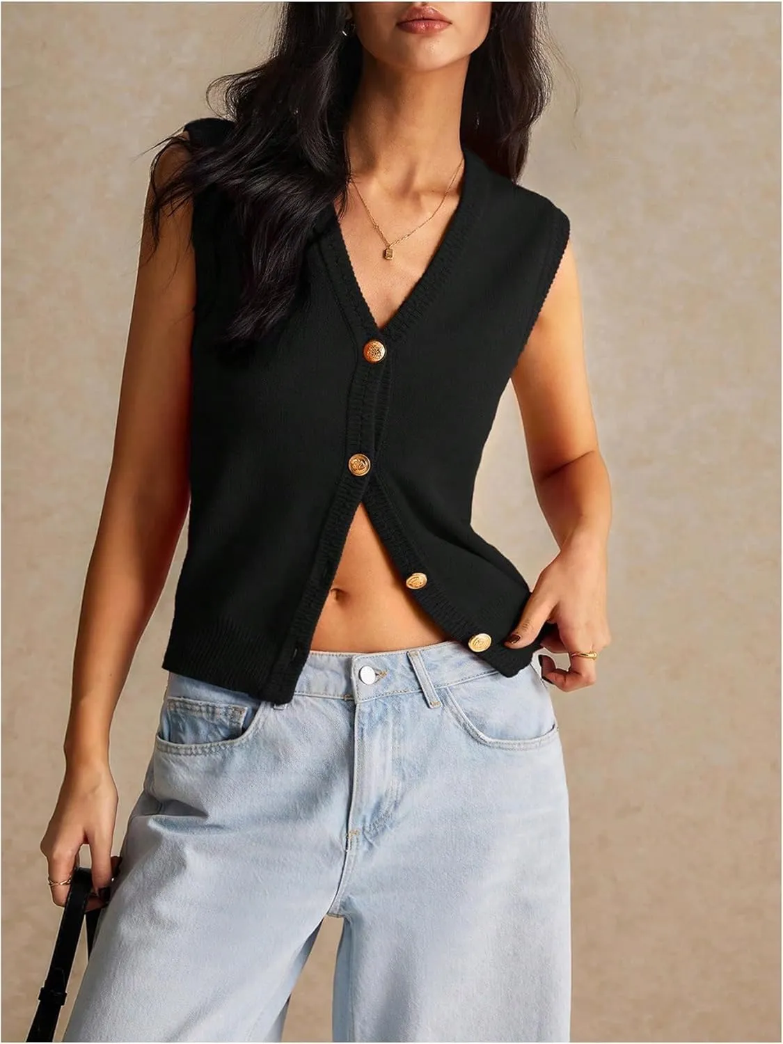 Women's V Neck Sweater Vest Button Down Sleeveless Vest Cardigan Casual Knit Vest