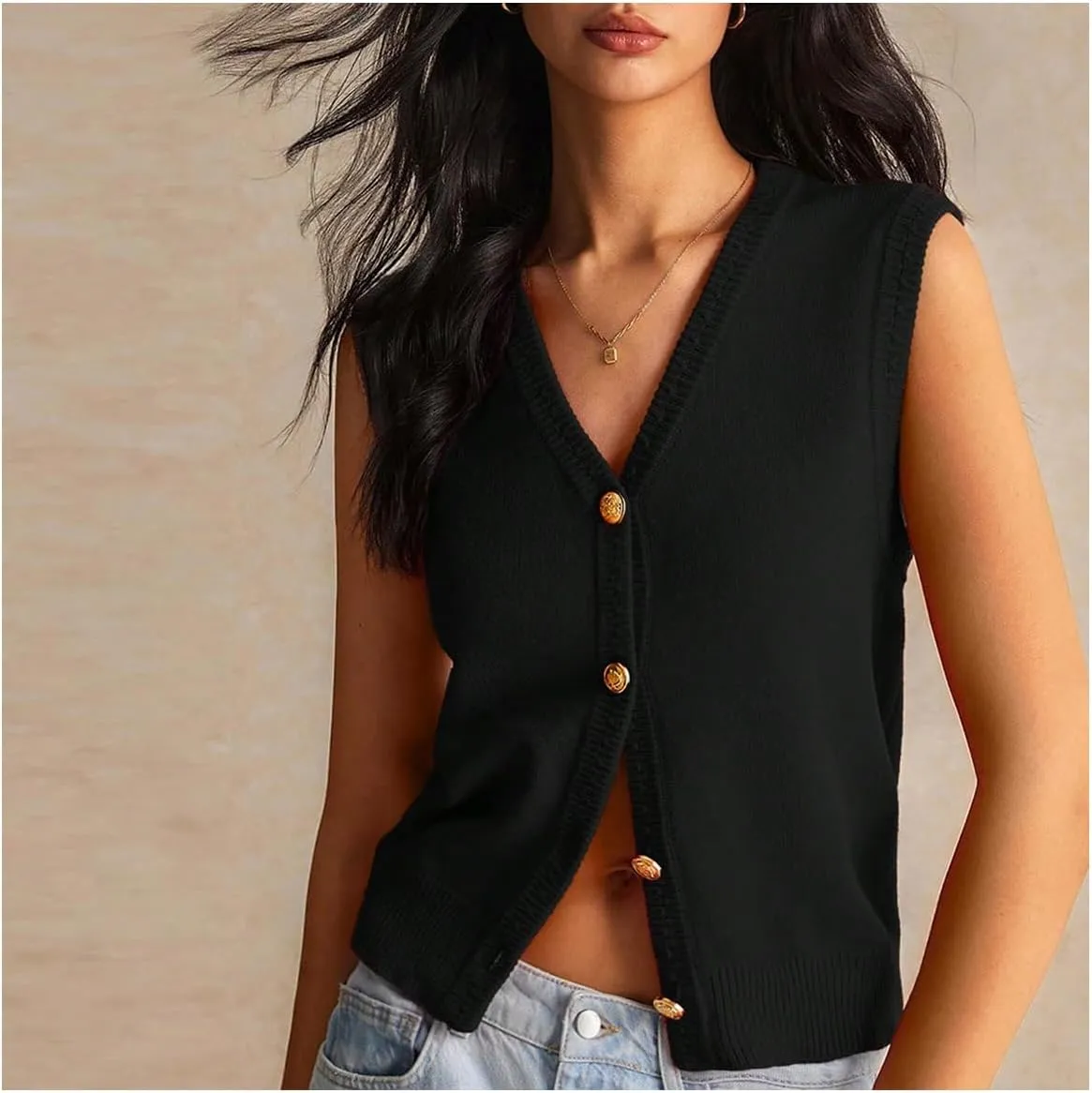 Women's V Neck Sweater Vest Button Down Sleeveless Vest Cardigan Casual Knit Vest