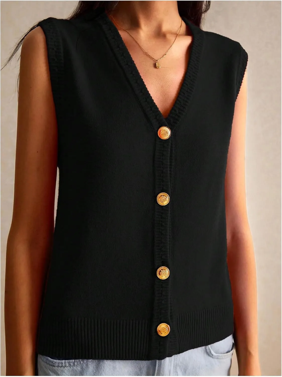 Women's V Neck Sweater Vest Button Down Sleeveless Vest Cardigan Casual Knit Vest