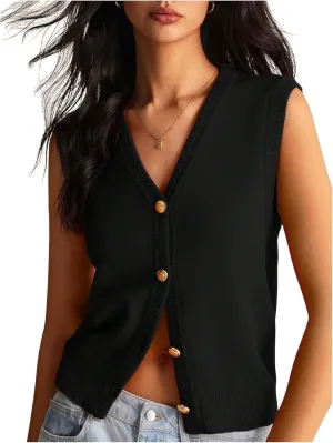 Women's V Neck Sweater Vest Button Down Sleeveless Vest Cardigan Casual Knit Vest