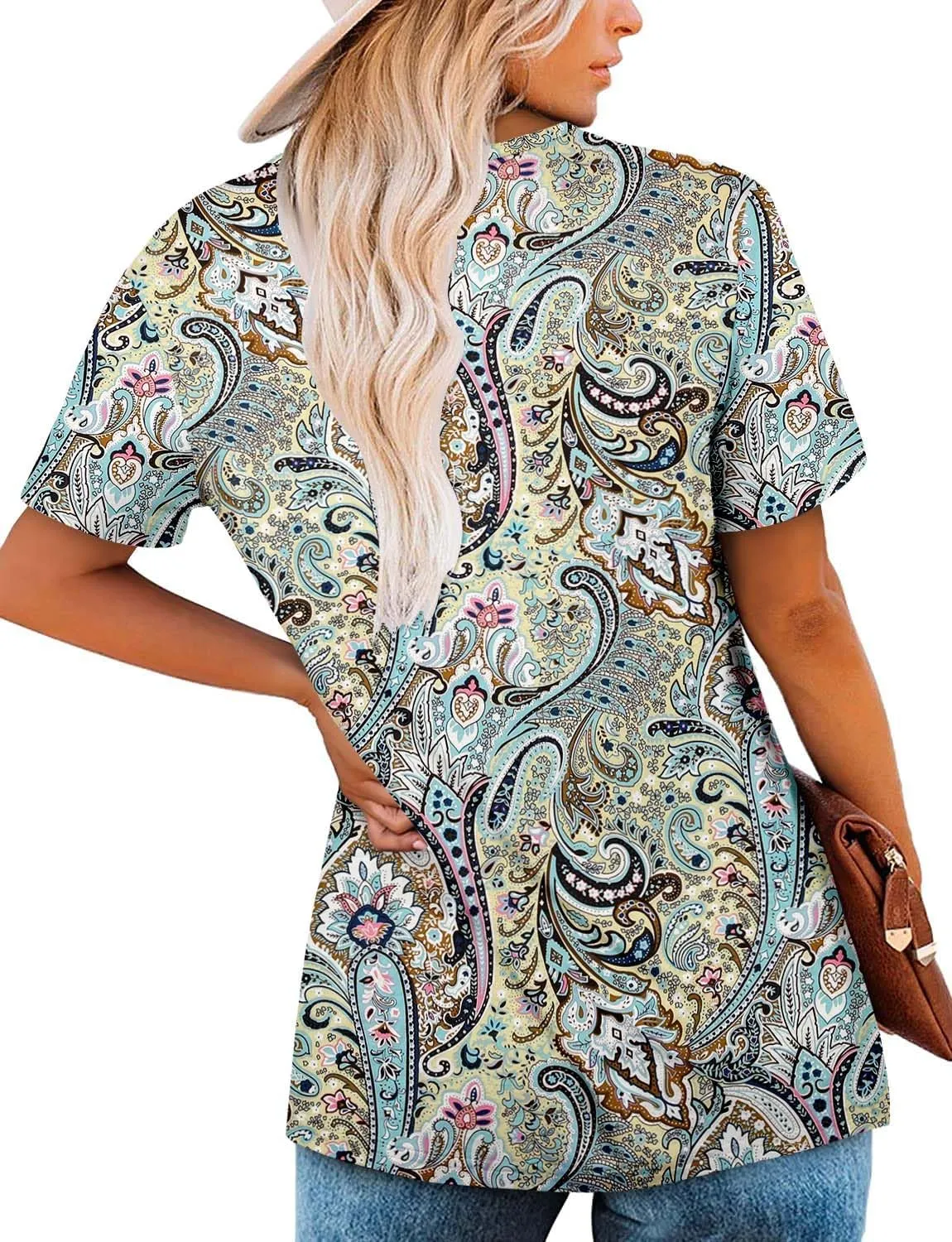 ZOLUCKY Womens Plus Size Short Sleeve Boho Tops Trendy Shirts Loose Fit Blouse Summer Tunic Top for Women S-3XL