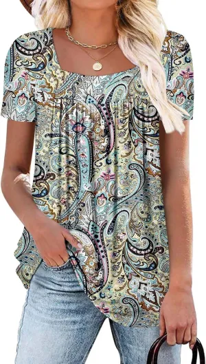 ZOLUCKY Womens Plus Size Short Sleeve Boho Tops Trendy Shirts Loose Fit Blouse Summer Tunic Top for Women S-3XL