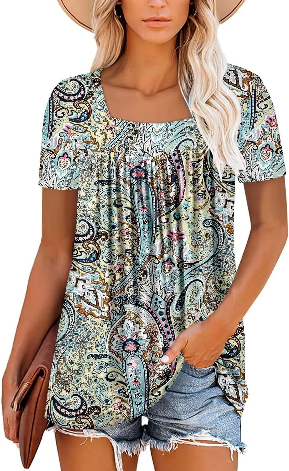 ZOLUCKY Womens Plus Size Short Sleeve Boho Tops Trendy Shirts Loose Fit Blouse Summer Tunic Top for Women S-3XL